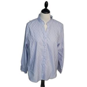Chico's Button Down Blouse Ruffle Neck Polka dots Blue & White size 2 US 12/14